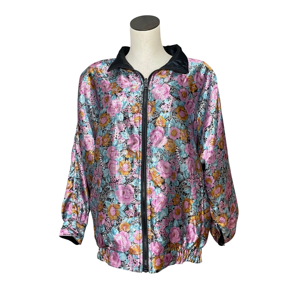 Vintage Reversible Jacket Floral Black Abstract Women Bomber Satin Retro